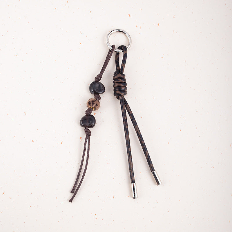 Leopard Print Tassel Bag Charm with Stone Beads