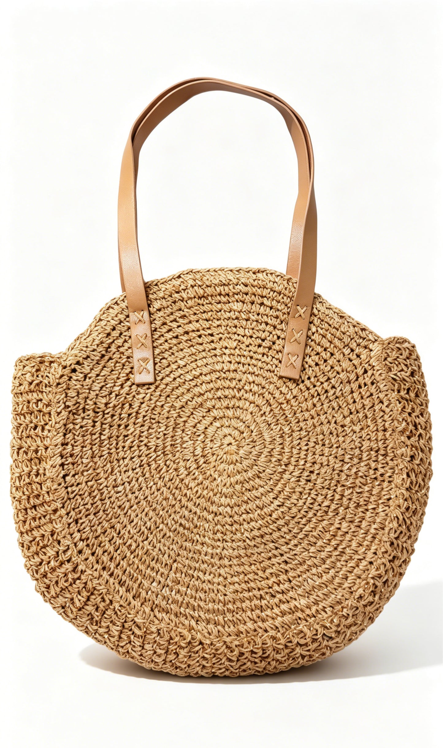 Solid Round Straw Tote Bag with Leather Straps