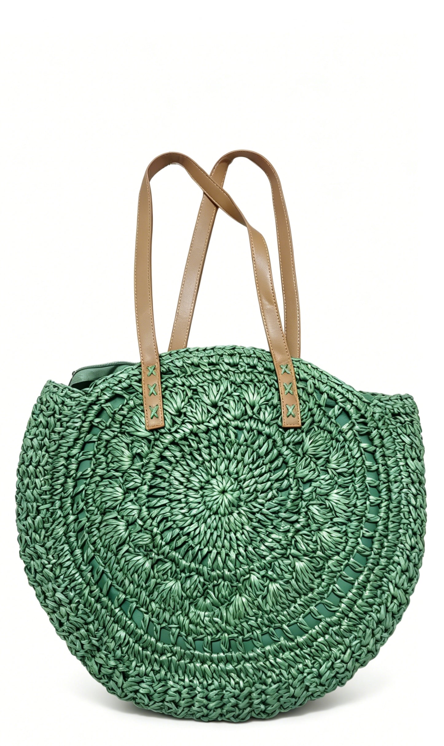 Green Crochet Straw Tote Bag
