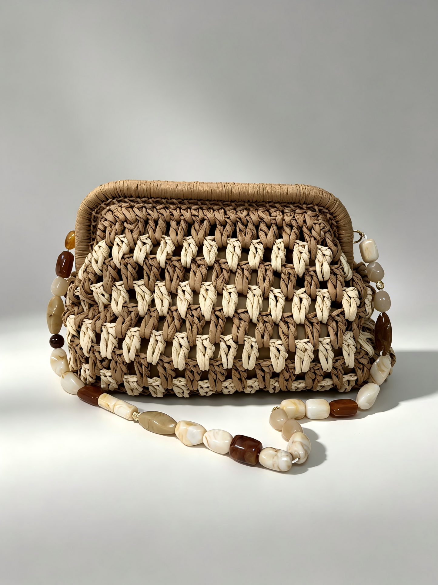 Boho Two-Tone Woven Clutch Bag with Resin Beaded Strap