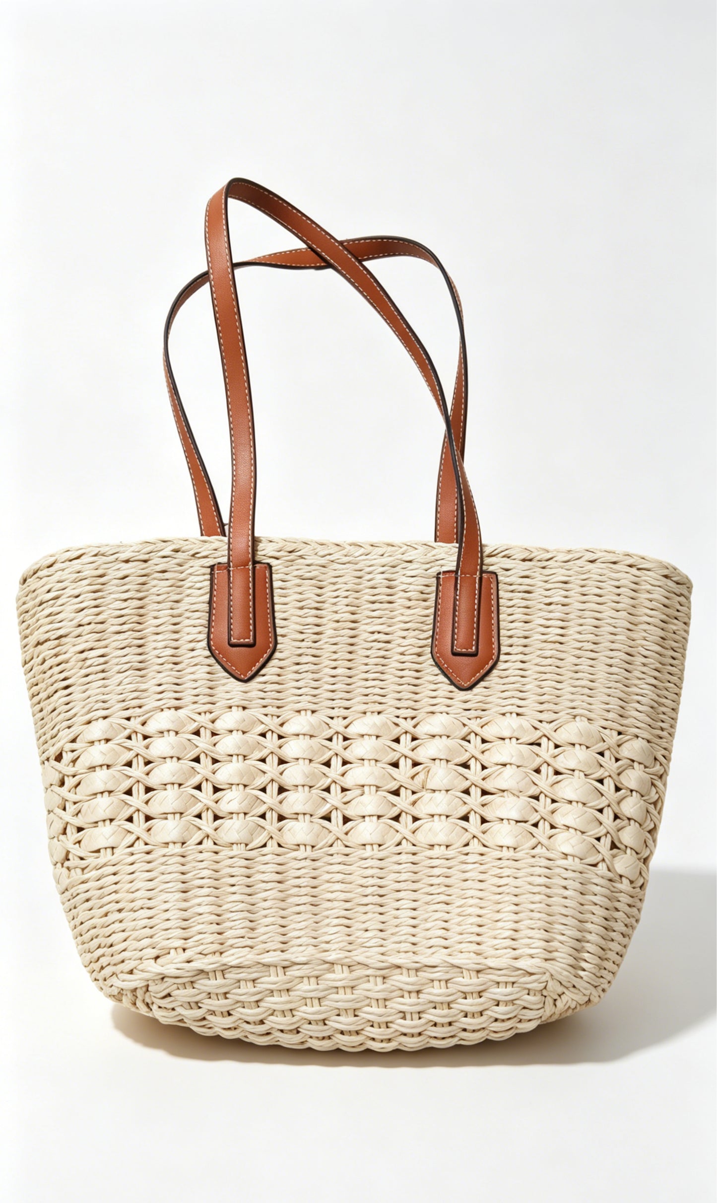Natural Straw Tote Bag with Leather Handles