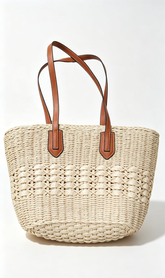 Natural Straw Tote Bag with Leather Handles