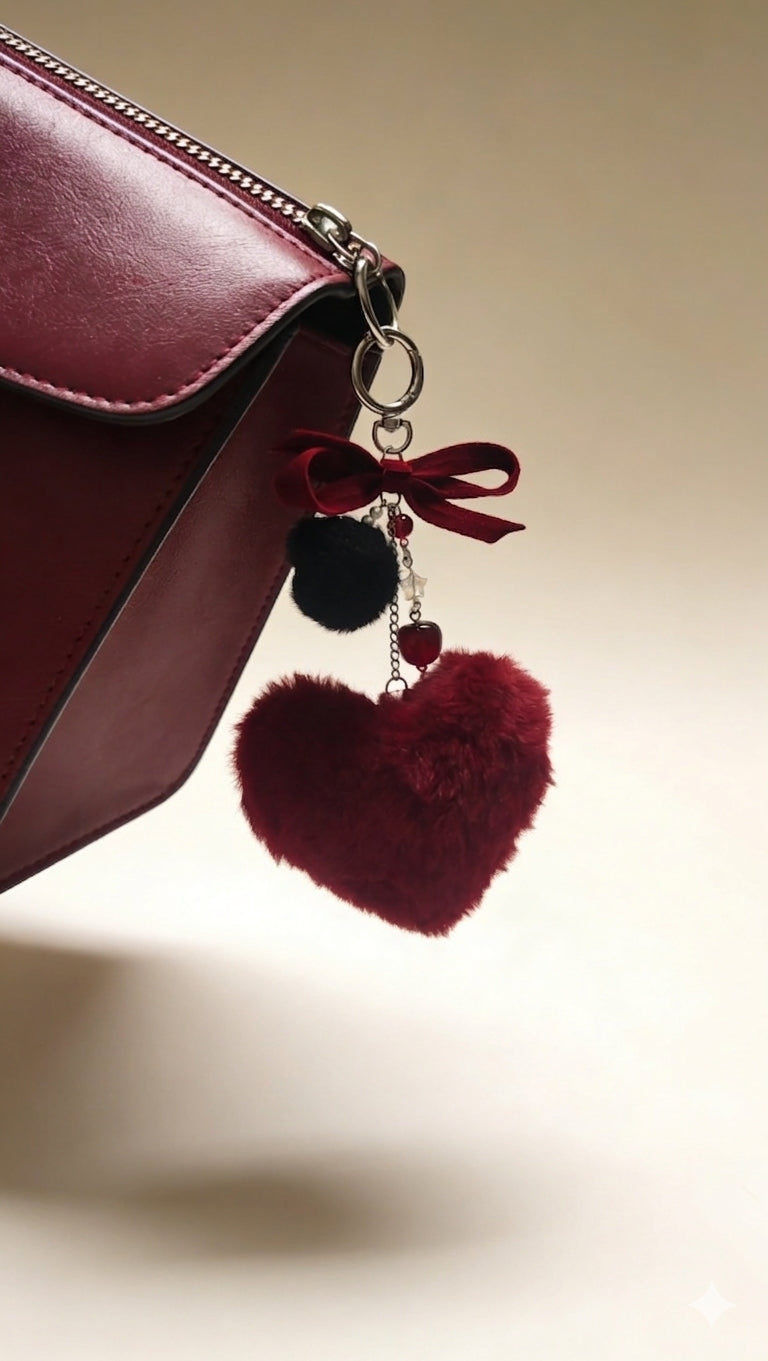 Vintage Plush Heart Pendant with Keyboard Ribbon & Cherry Charms