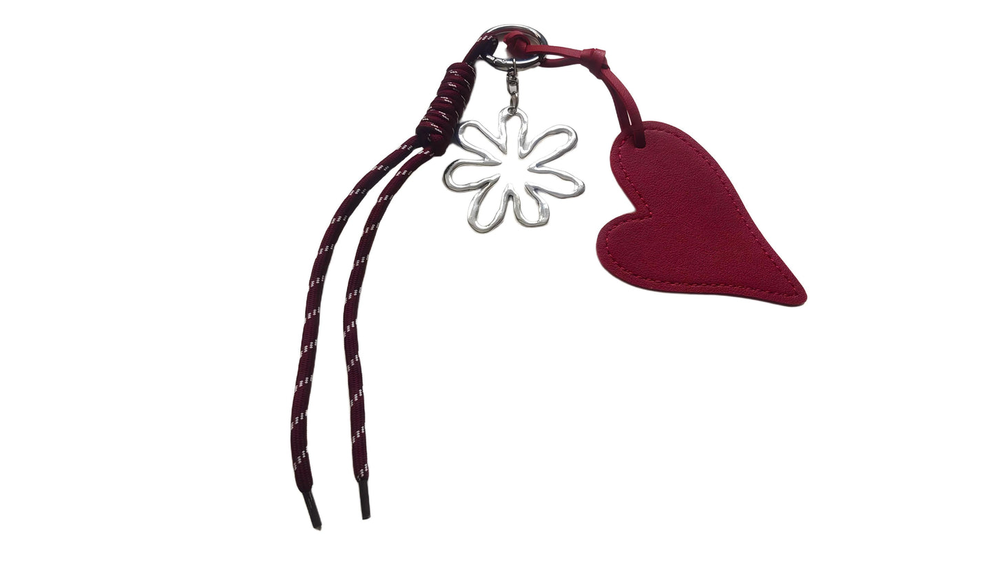Silver Flower & Red Heart Bag Charm