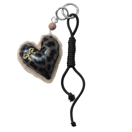 Leopard Print Heart Keychain, Gothic Plush Love Bag Charm with Bow & Climbing Rope