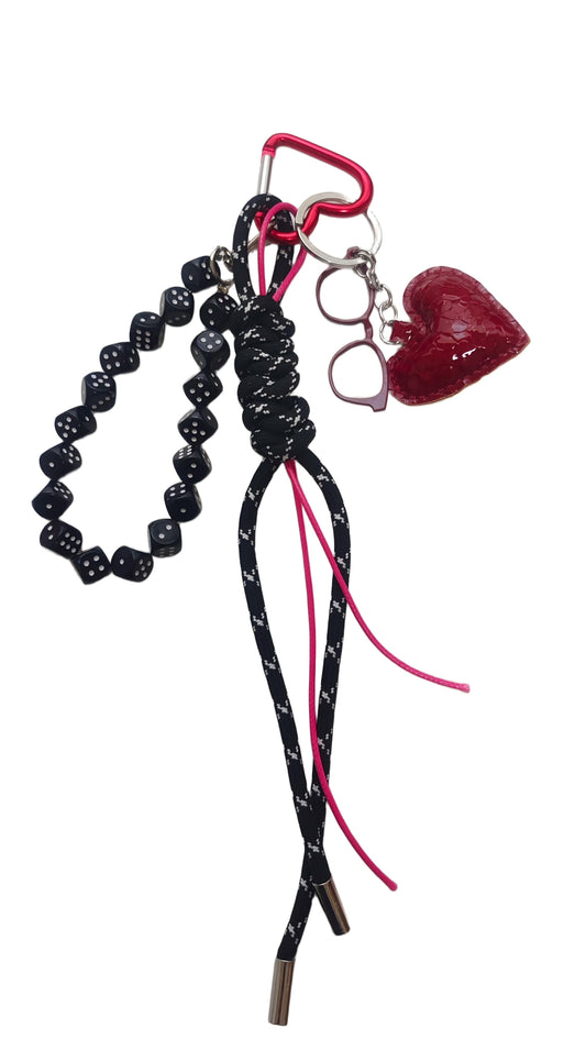 Red Heart Dice Beaded Keychain, Gothic Bag Charm with Carabiner