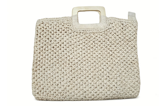 Wooden Handle Square Straw Woven Handbag