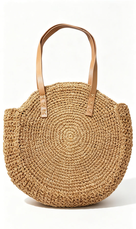 Solid Round Straw Tote Bag with Leather Straps