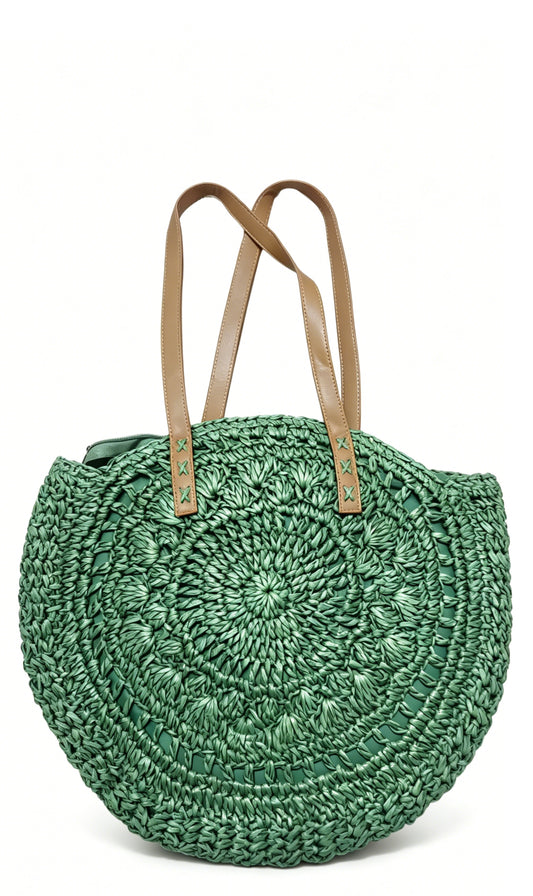 Green Crochet Straw Tote Bag