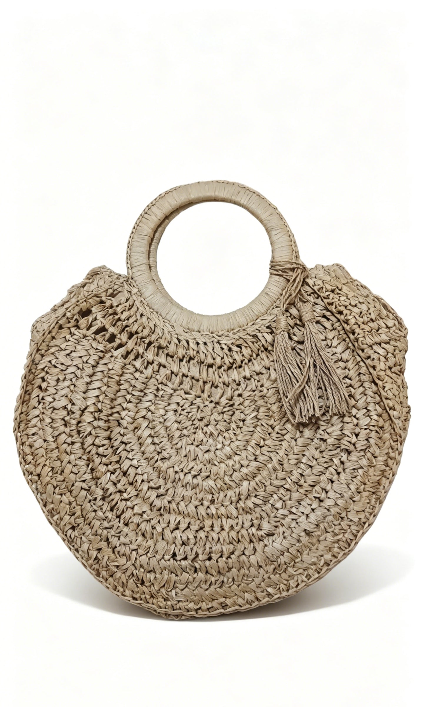 Round Handle Tassel Raffia Straw Bag