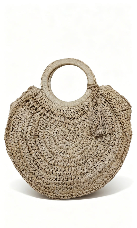 Round Handle Tassel Raffia Straw Bag