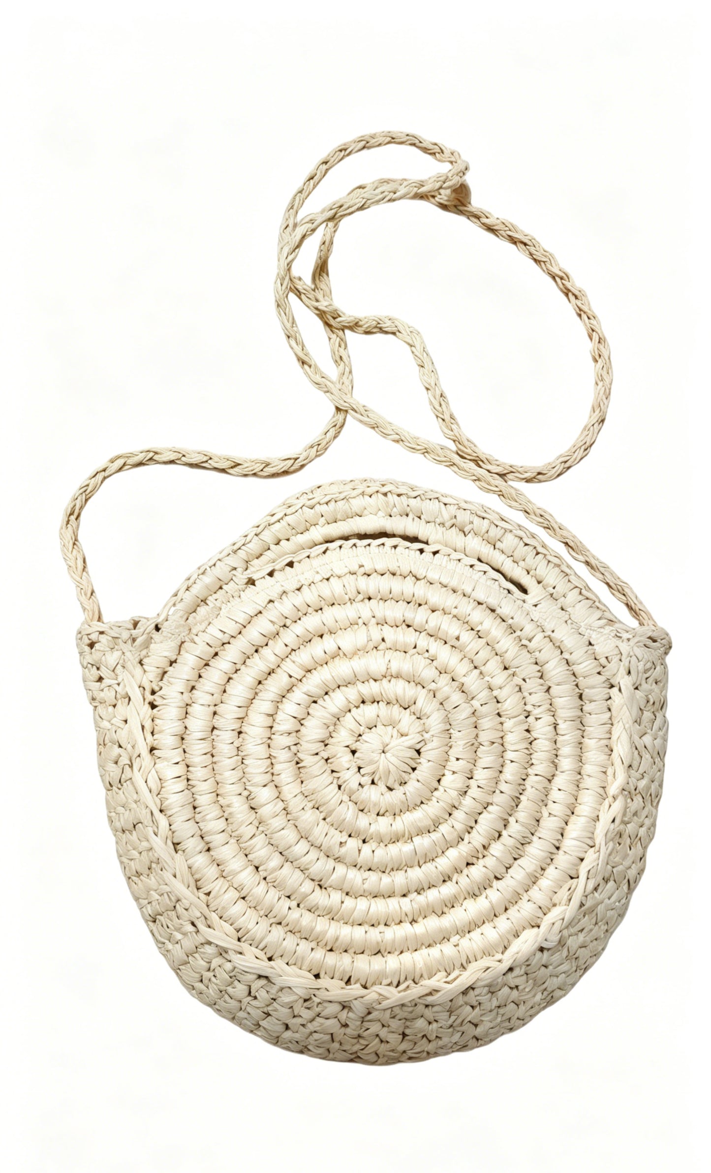 Round Beige Straw Crossbody Bag
