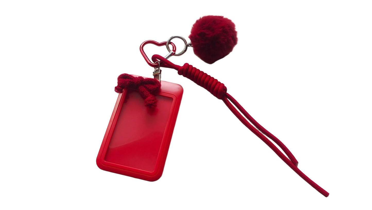 Red Plush Pompom Keychain with Card Holder
