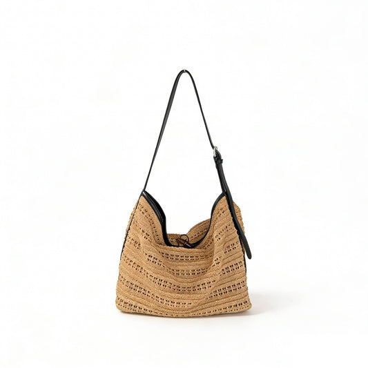 Leather-Trimmed Crochet Hobo Bag